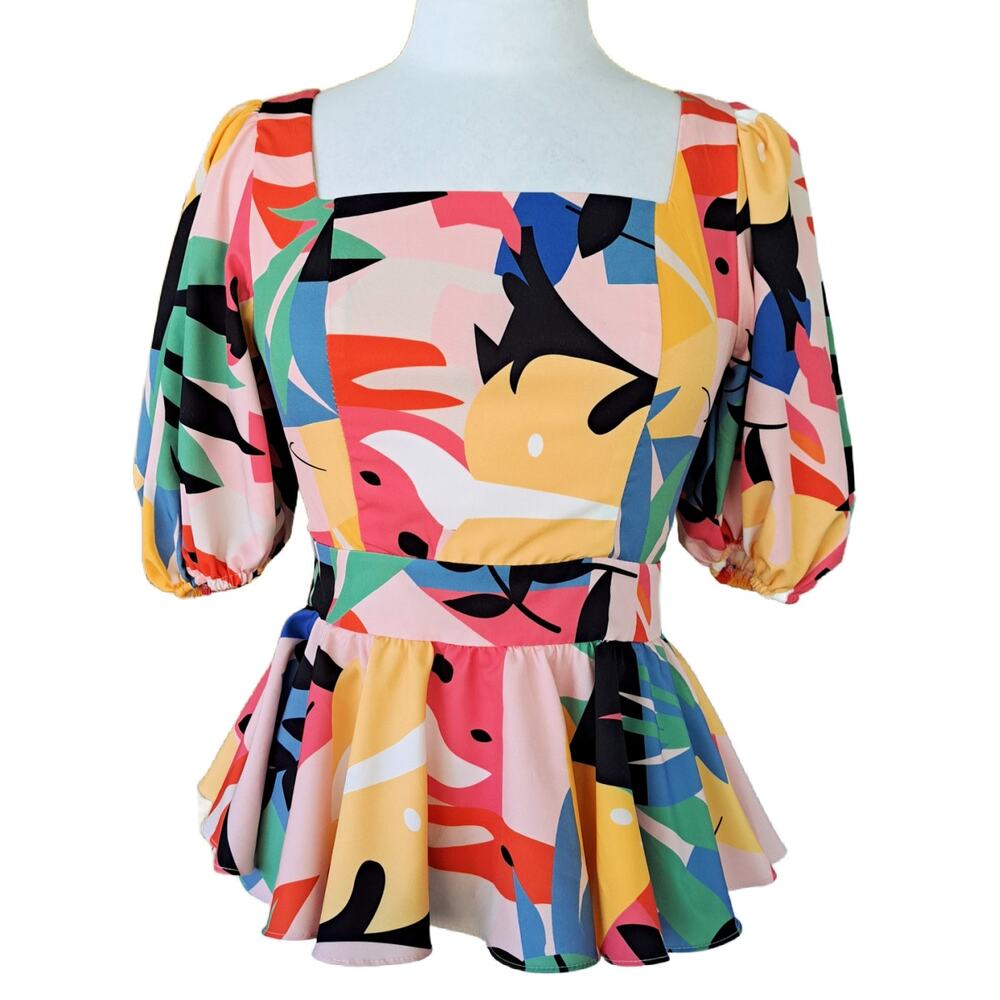Tea & Cup Puff Sleeve Square Neck Peplum Top Pink Multicolor Bright Small